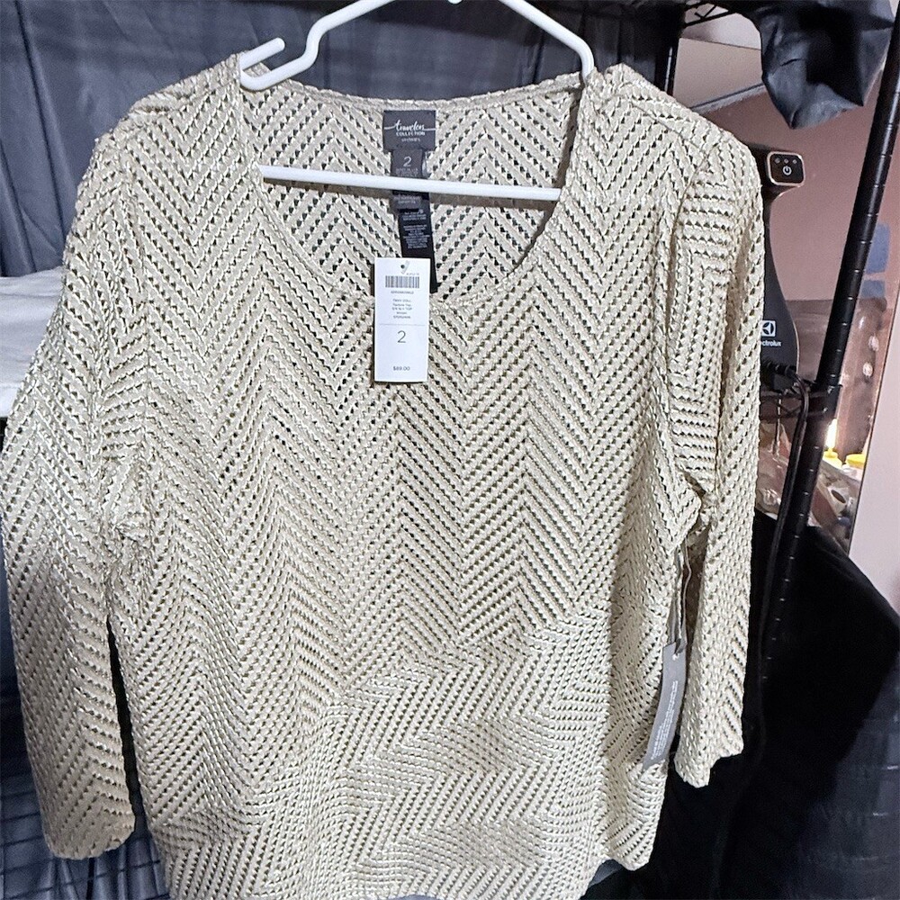 Chico's Travelers Collection Top Womens Size 2 Khaki Open Knit 3/4 Sleeve